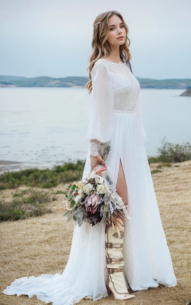 Beach Retro A-Line Boho Lace Cuff Wedding Dress Simple Modest Hippie Flowy Chiffon Split Front Backless Bridal Gown