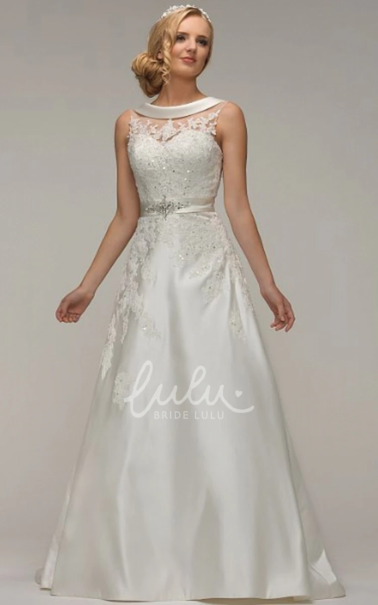 Appliqued A-Line Wedding Dress with Scoop Neck and Waist Jewelry Classic Bridal Gown