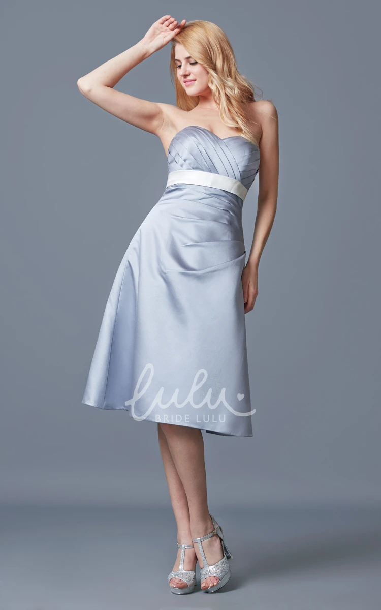 Tea Length Satin Strapless A-line Bridesmaid Dress with Ruching