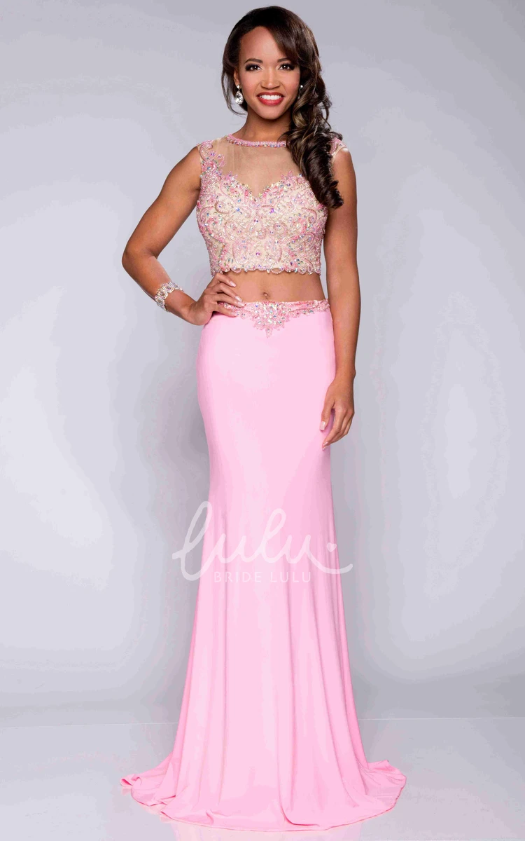 Jeweled Sheath Prom Dress with Sleeveless Jersey Top and Two-Piece Design