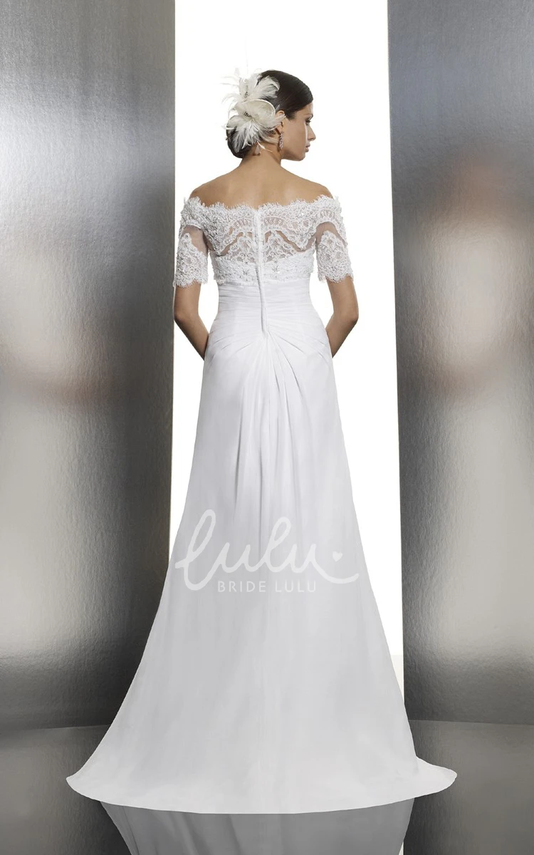 Off-The-Shoulder Chiffon Wedding Dress with Applique and Broach