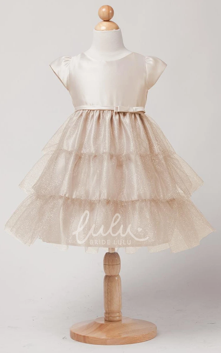 Bowed Cap-Sleeve Satin Flower Girl Dress with Ruffles Tea-Length Empire