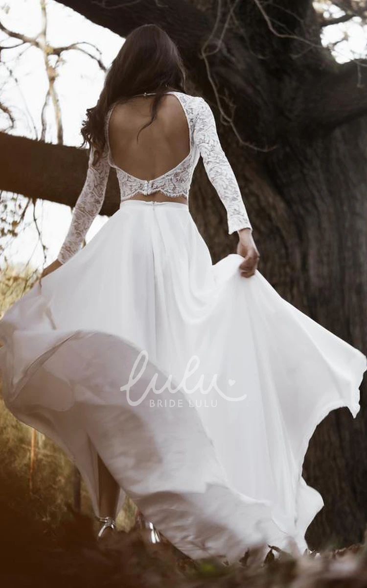 Chic Two Piece Lace Wedding Dress with Long Sleeves and Split Front Modern Wedding Dress