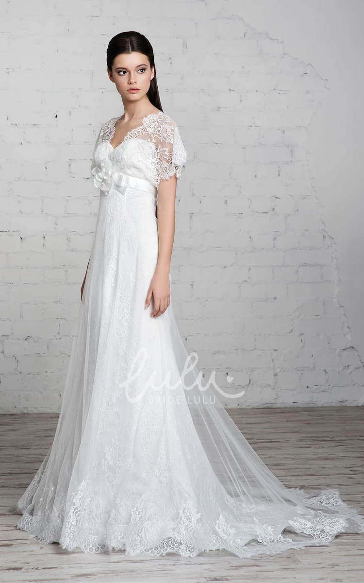 Empire Lace Tulle Wedding Dress with V-Neck and Flower Detail