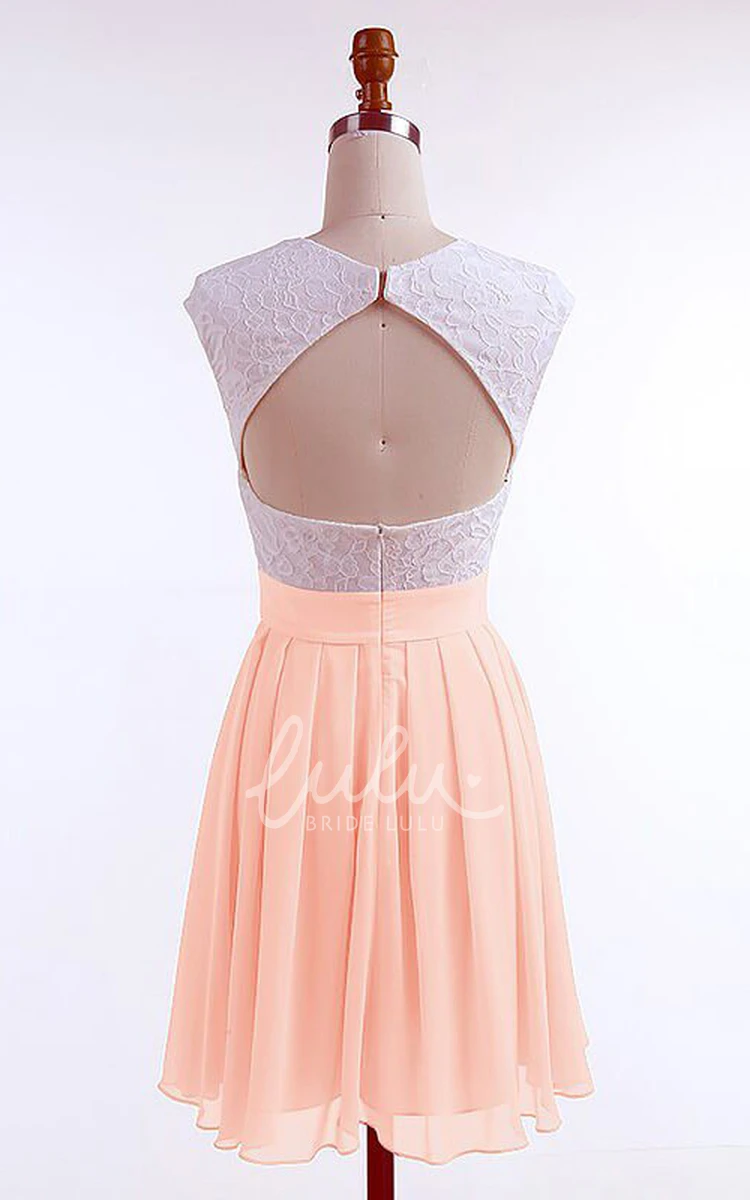 Bateau Pleated Chiffon Lace A-line Mini Short Sleeve Homecoming Dress Casual