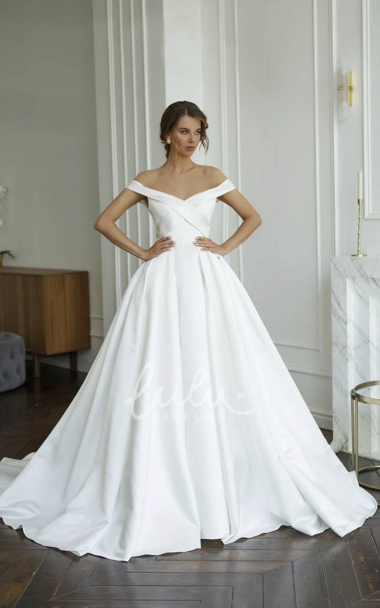 Satin Off-the-Shoulder Wedding Dress with Illusion Keyhole Back and Criss Cross + Classy Bridal Gown