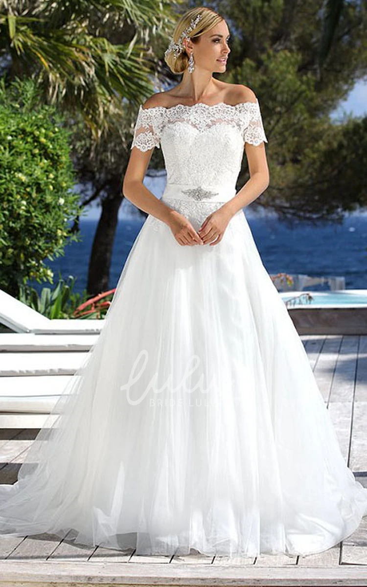Off-The-Shoulder Tulle Wedding Dress with Jeweled Appliques Floor-Length