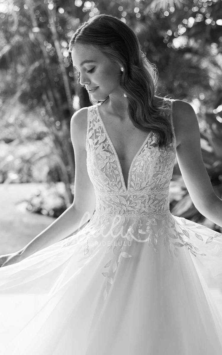 Elegant Lace A-Line Wedding Dress with V-Neck and Appliques Women's Bridal Gown