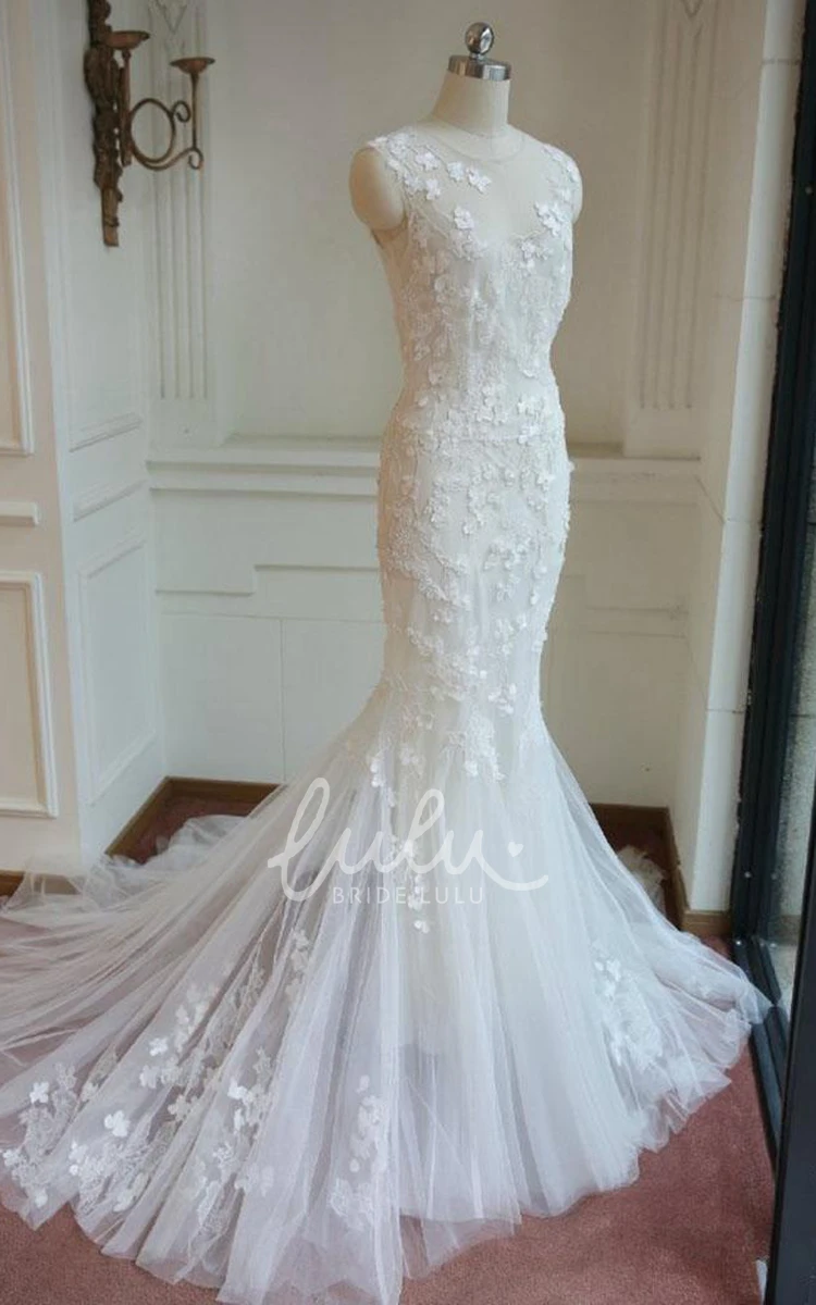 Lace Mermaid Floor-Length Wedding Dress with Bell Sleeves