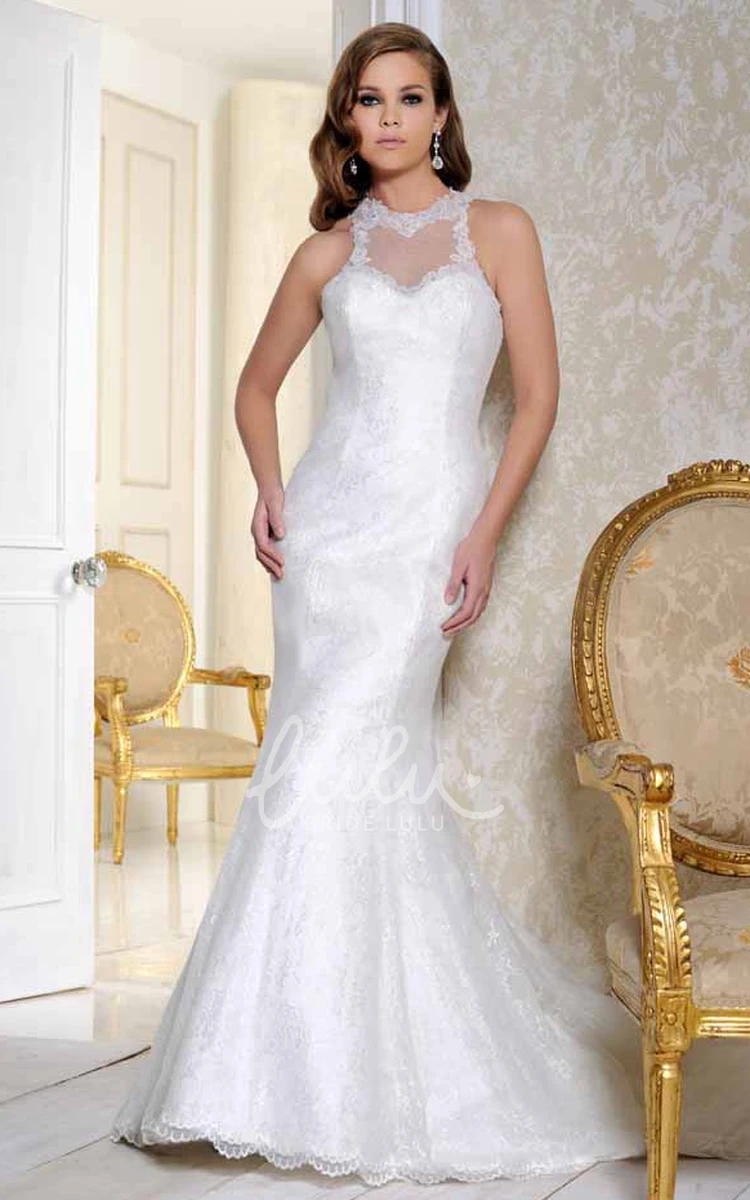 High Neck Satin Wedding Dress with Court Train and Illusion Chic Bridal Gown