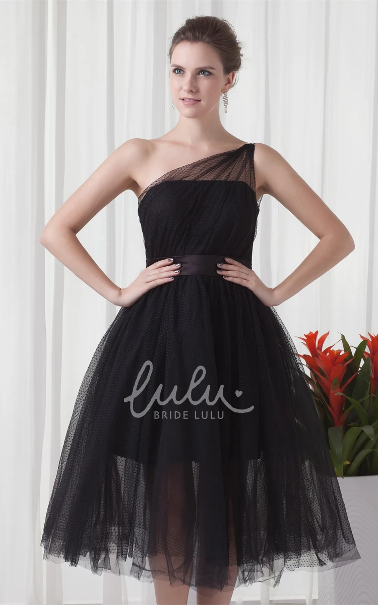 One-Shoulder Tulle A-Line Prom Dress Tea-Length Flowy Dress