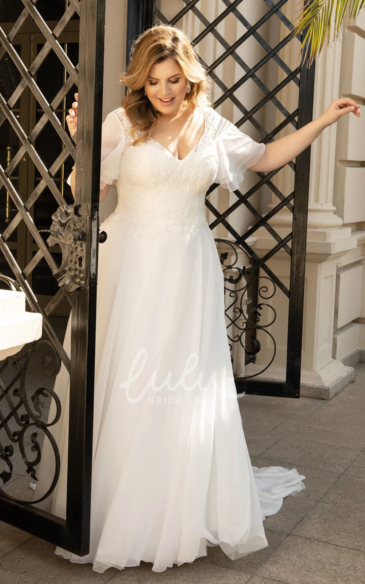 Ethereal V-neck Chiffon Plus Size Wedding Dress Floor-length A Line
