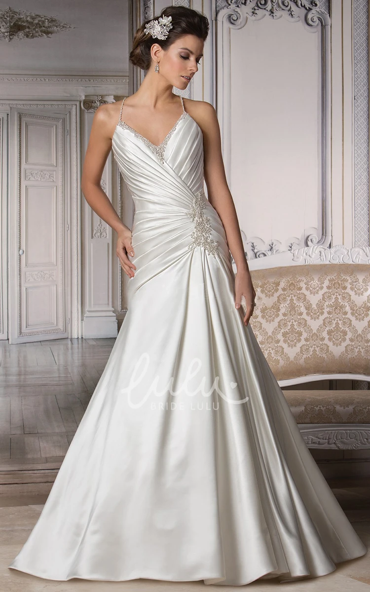 Ruched V-Neck Spaghetti Strap Wedding Dress with Criss Cross Elegant Bridal Gown