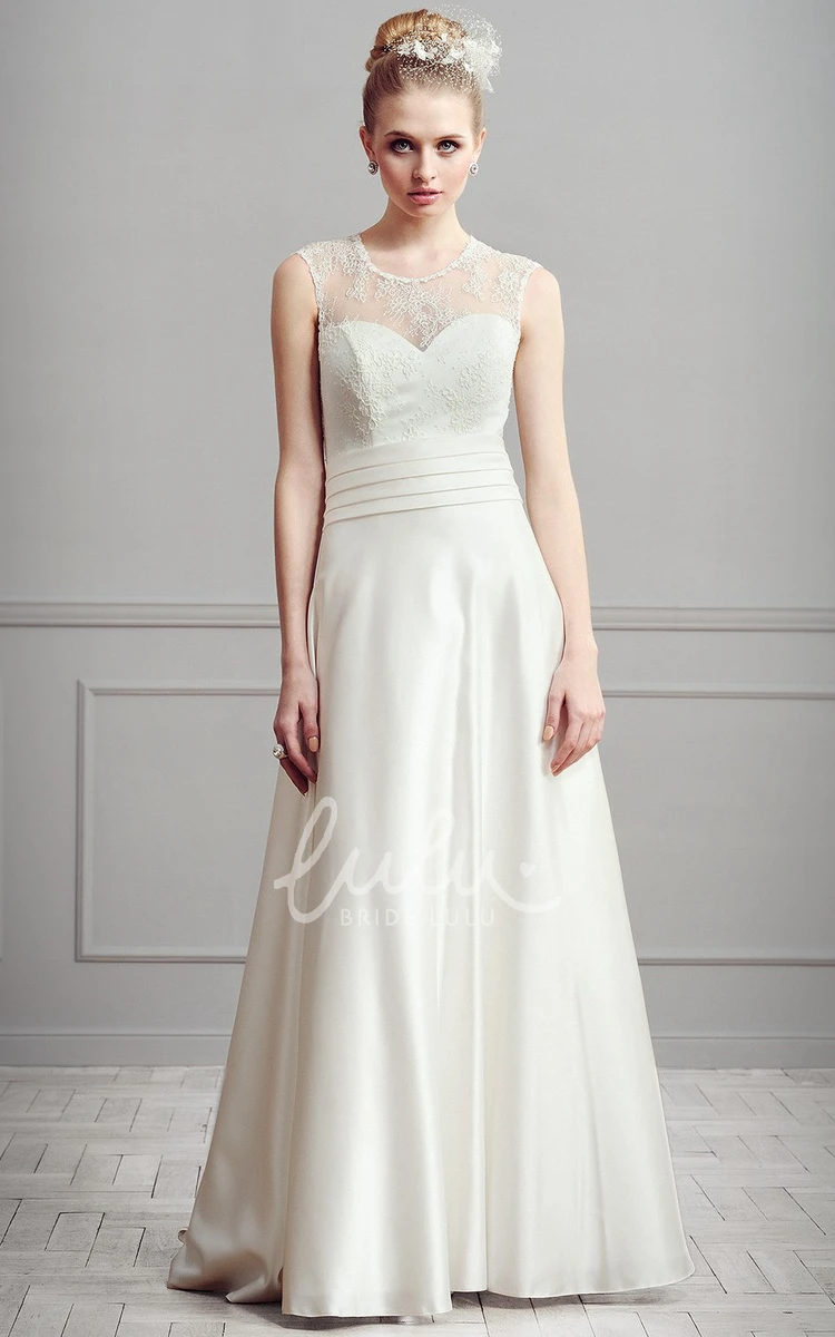 Scoop-Neck Satin Maxi Wedding Dress with Lace A-Line Sleeveless