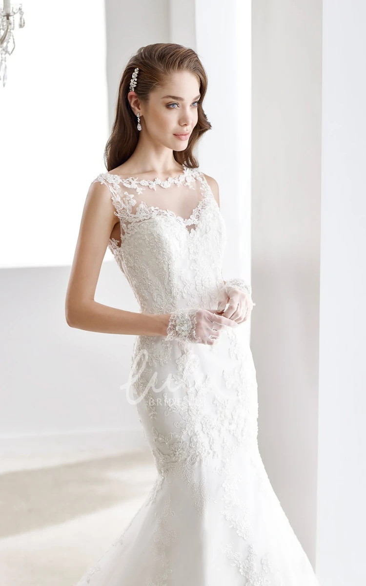 Lace Wedding Dress with Illusive Neckline and Brush Train Sheath Style