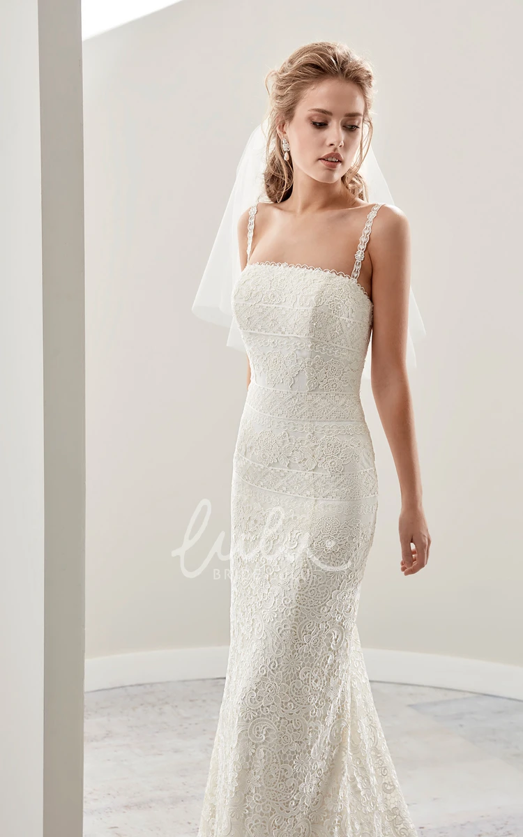 Spaghetti Strap Low Back Lace Sheath Wedding Dress with Fine Detailing