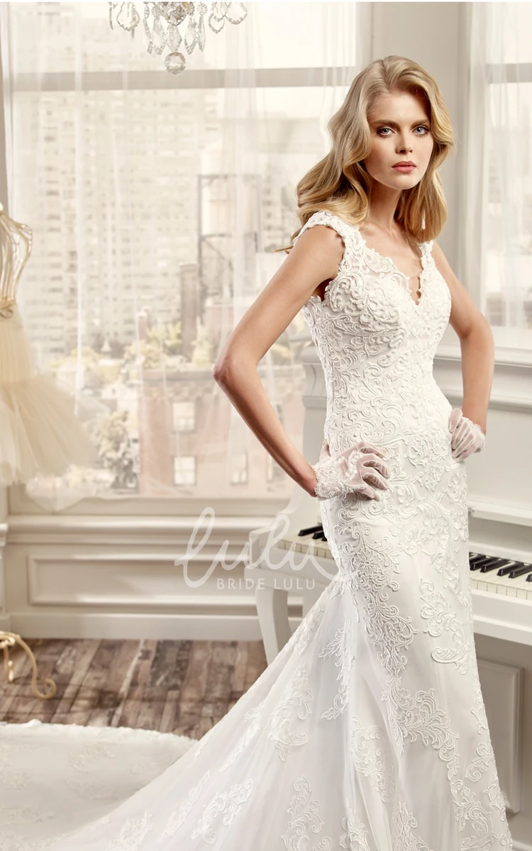 Lace Wedding Dress with Open Back and Court Train V-Neck