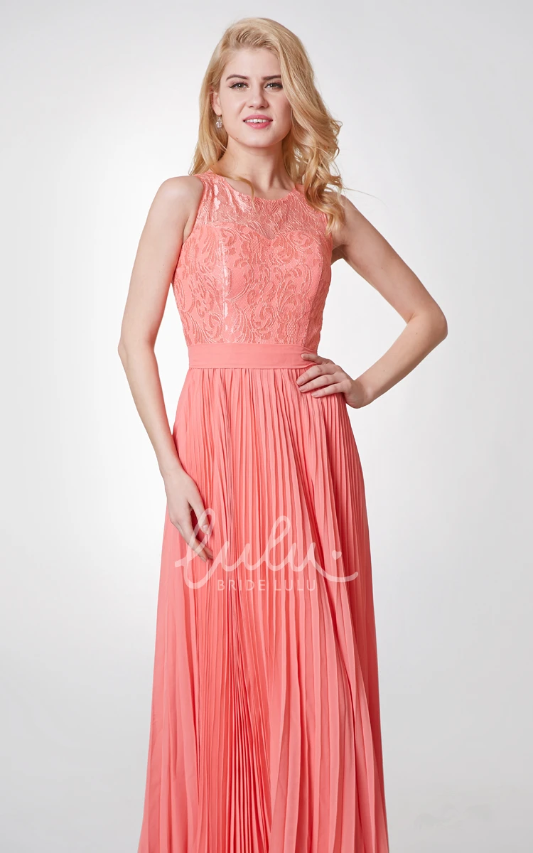 Lace Neckline A-line Chiffon Bridesmaid Dress with Pleated Skirt