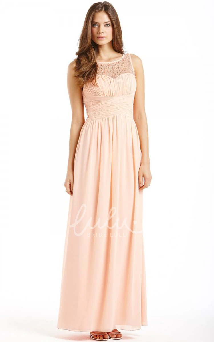 Sleeveless Ruched Chiffon Bridesmaid Dress with Bateau Neck Ankle-Length