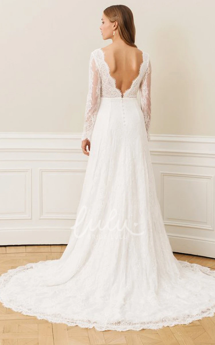 Sexy Lace A-Line Wedding Dress with Long Sleeves Deep-V Back and Court Train