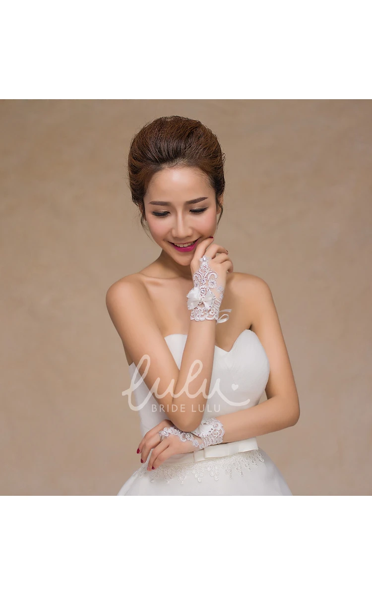 White Lace Bow Diamond Hook Bridesmaid Gloves Short Length