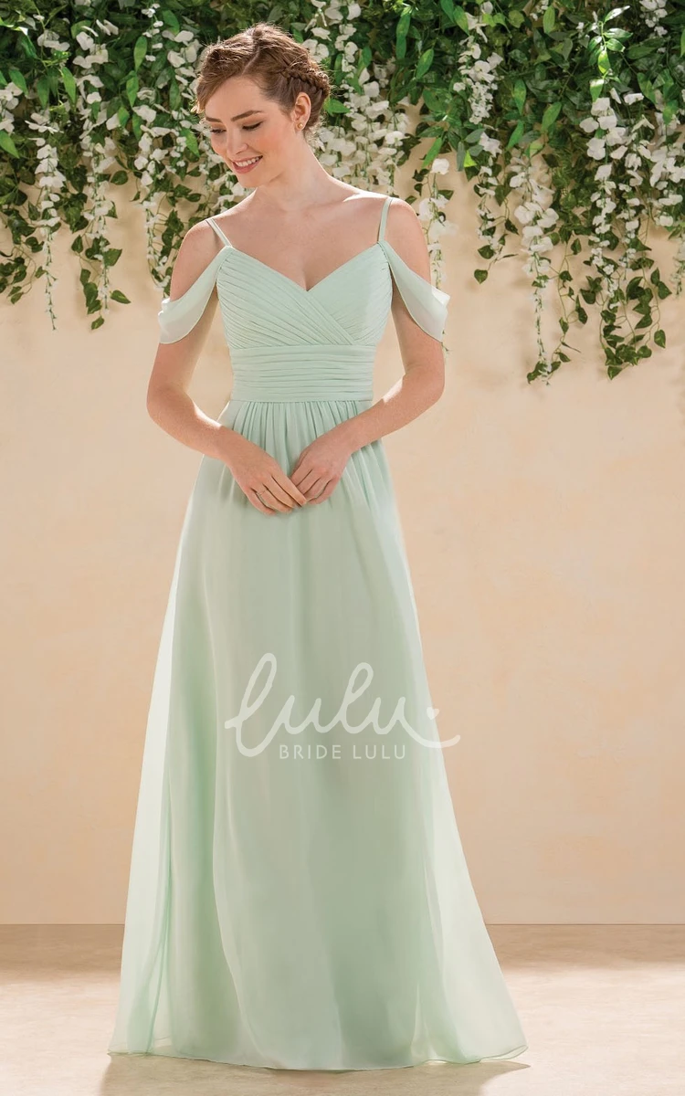 Floor-Length Off-Shoulder A-Line Bridesmaid Dress with Ruches and V-Back Modern Bridesmaid Dress