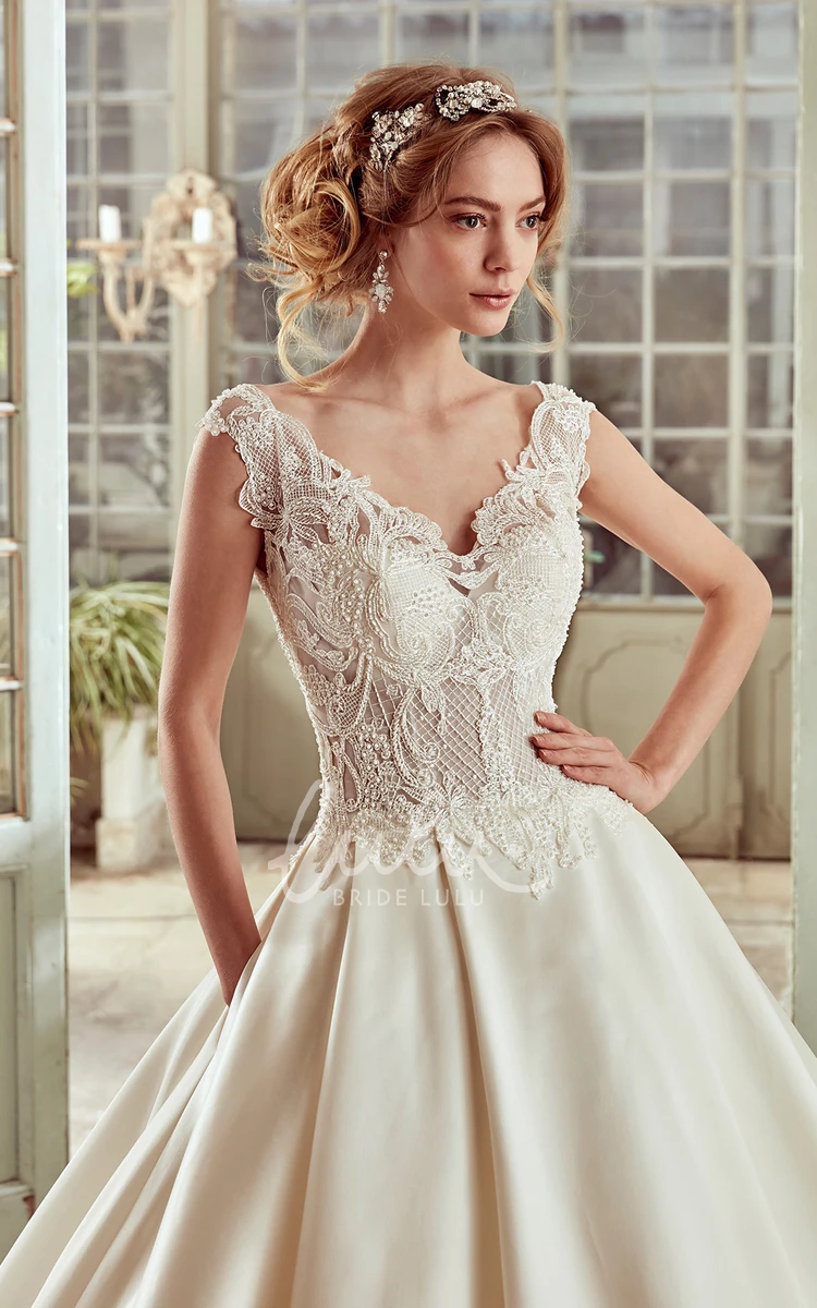 A-Line Lace Bodice Wedding Dress with Satin Skirt Classic Bridal Gown