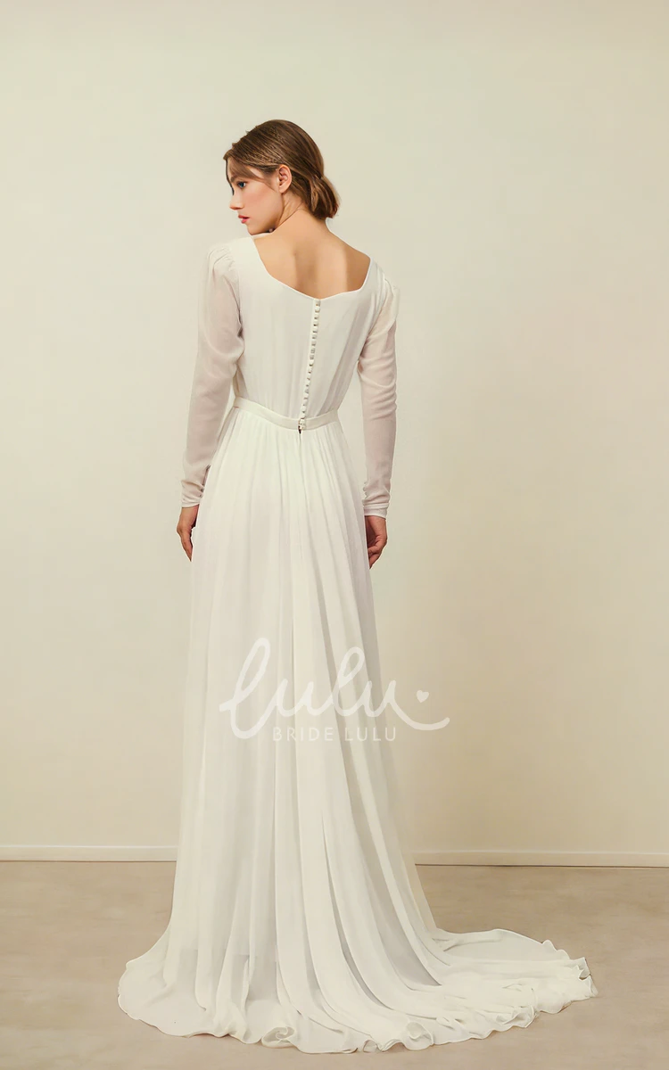 Square Neck Simple Sheer Long Sleeve Casual Chiffon Lace Trailing Long Dress