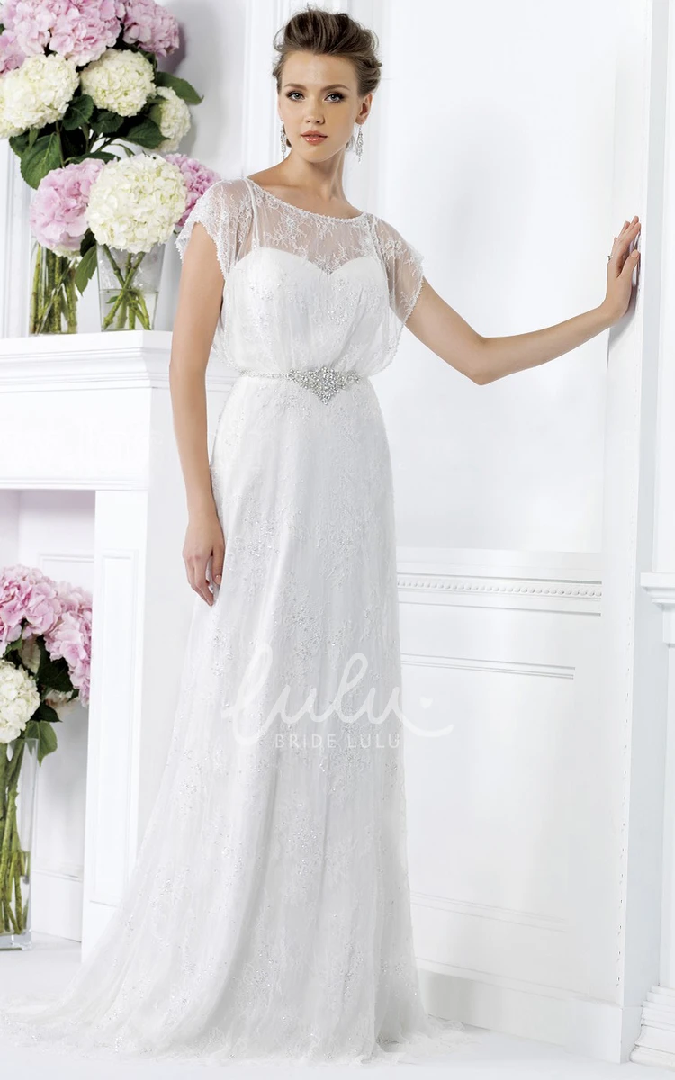 Long Illusion Gown with Cap Sleeves Beaded Waist and Bateau Neckline