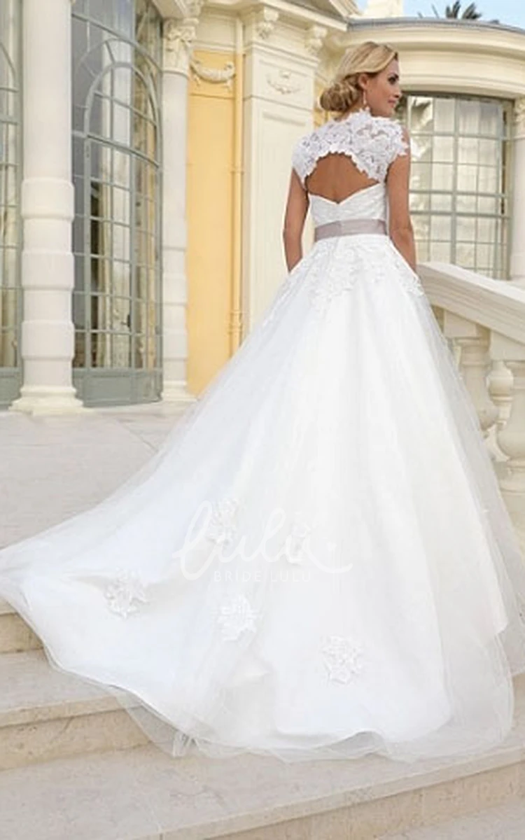 Maxi Tulle A-Line Wedding Dress with Cap Sleeves Waist Jewelry and Keyhole Back