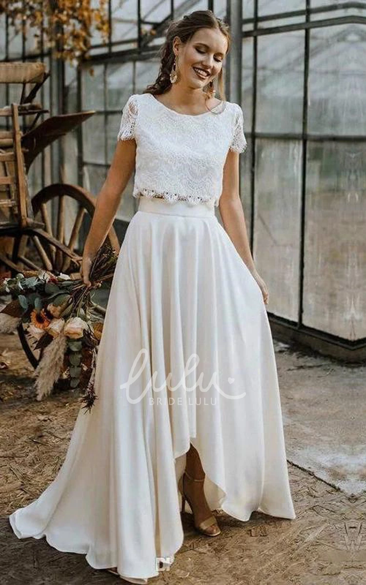 Elegant Satin and Lace Two-Piece Wedding Dress Short Sleeve