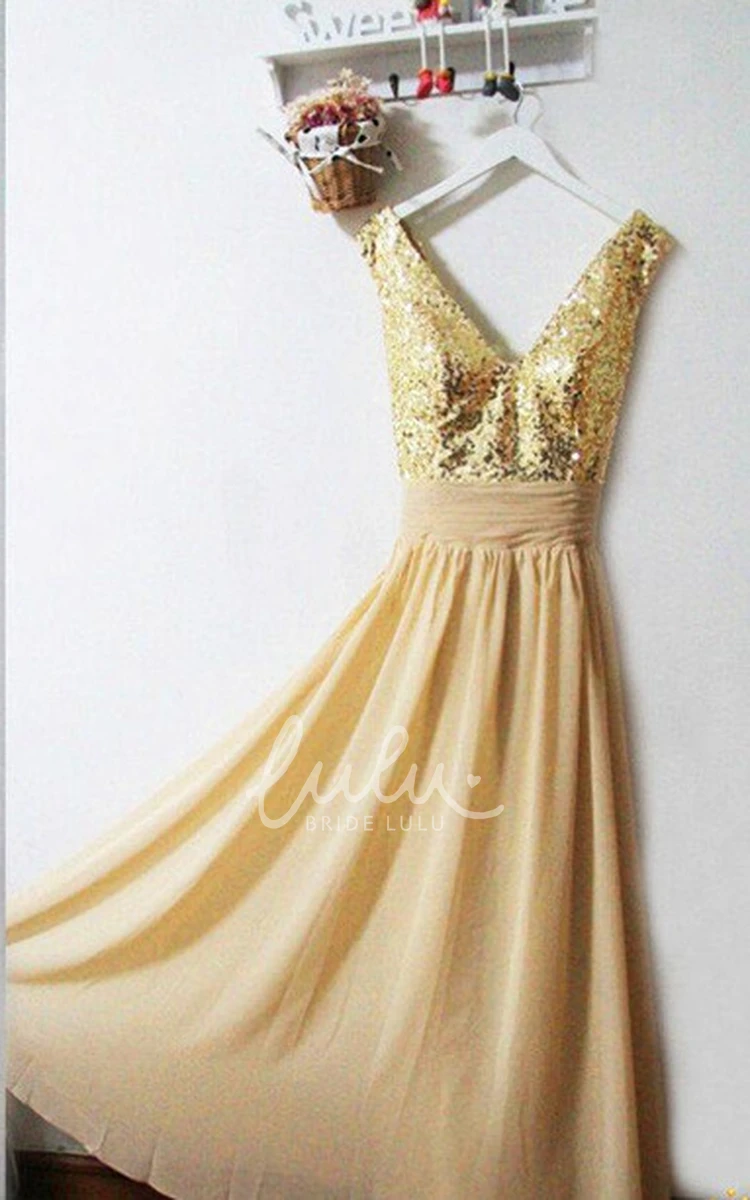 V-neck A-line Chiffon Prom Dress with Gold Sequins