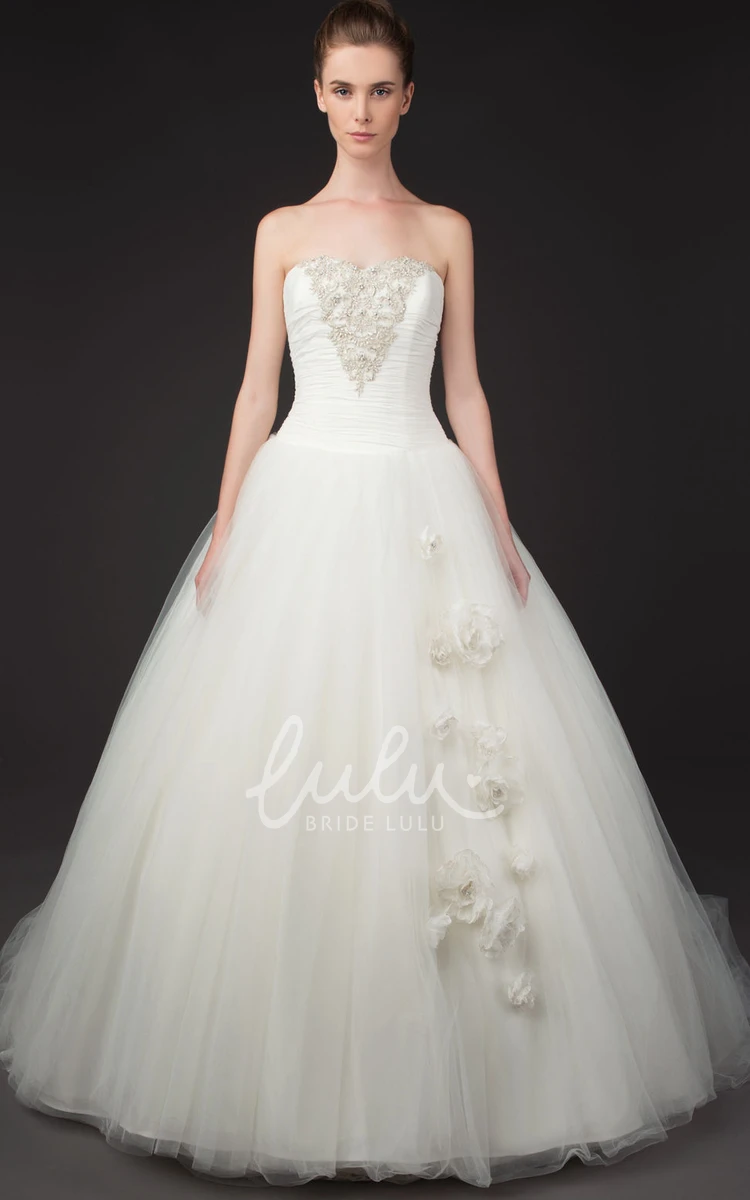 Long Strapless Beaded Tulle Wedding Dress Ball-Gown Sleeveless Ruched Flower Bridal Gown