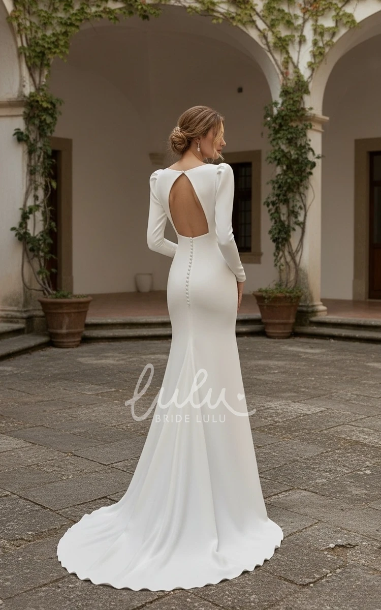 Vintage Long Sleeve V-neck Mermaid Satin Winter Wedding Dress with Sweep Train Solid Button Back Bridal Gown