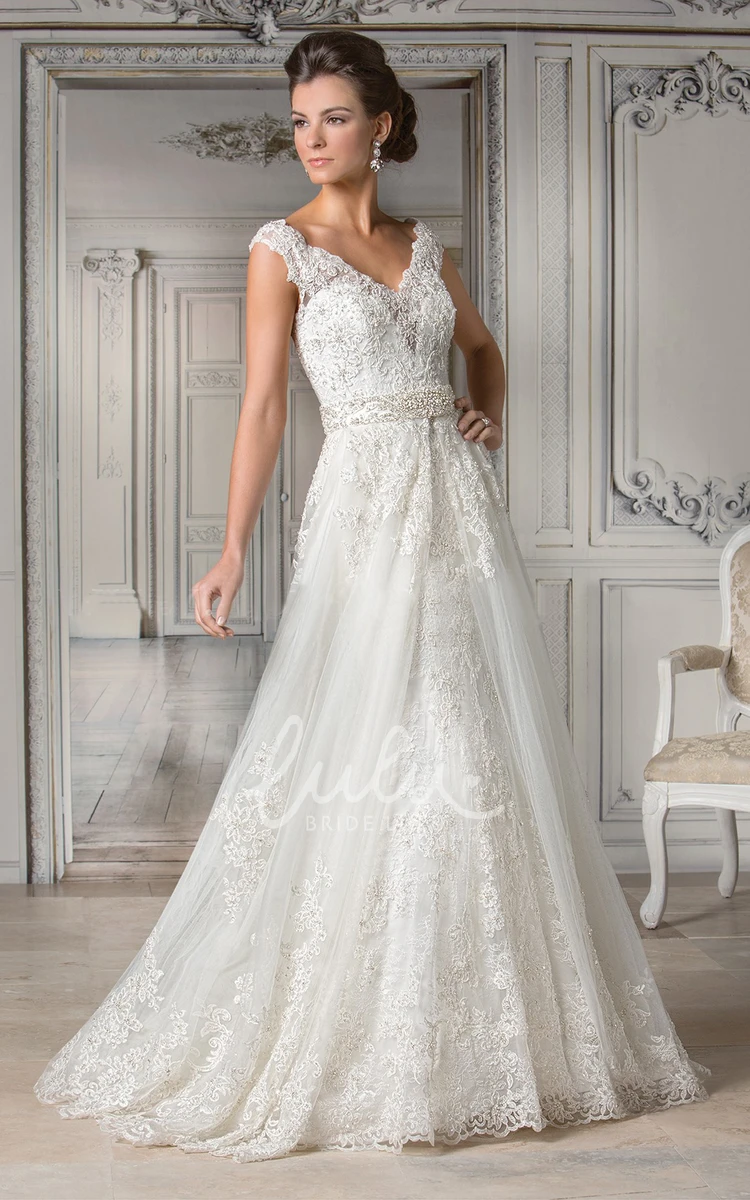 A-Line Gown with Appliques and Illusion Back Cap-Sleeved V-Neck Bridal Dress