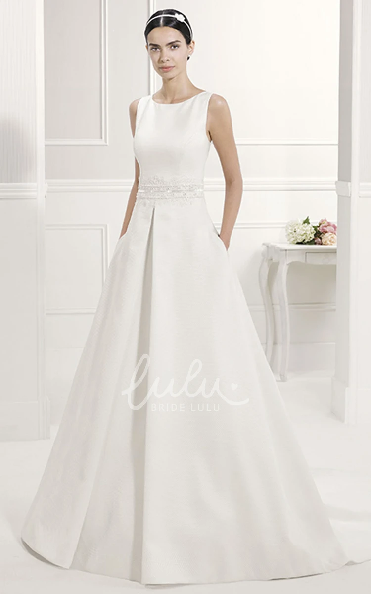 Taffeta Bridal Gown with Sequined Lace Sash Scoop Neck and Back Bows