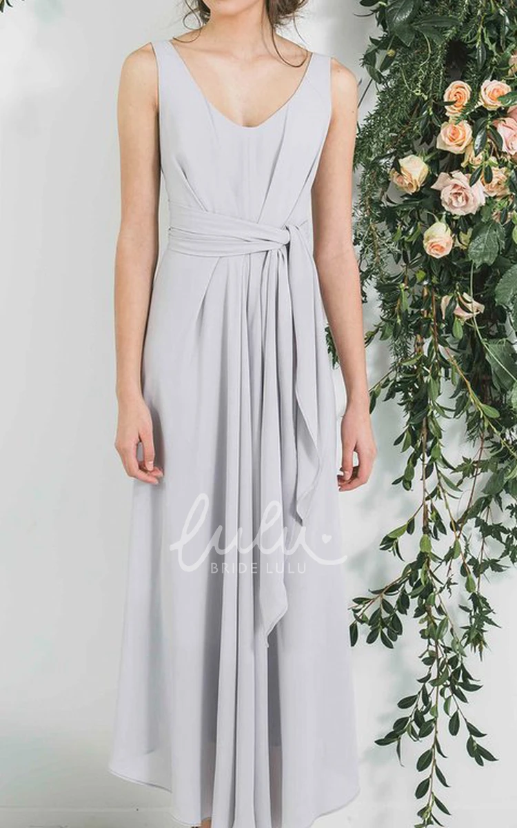 Sleeveless Ankle-Length Chiffon Bridesmaid Dress Draped V-Neck