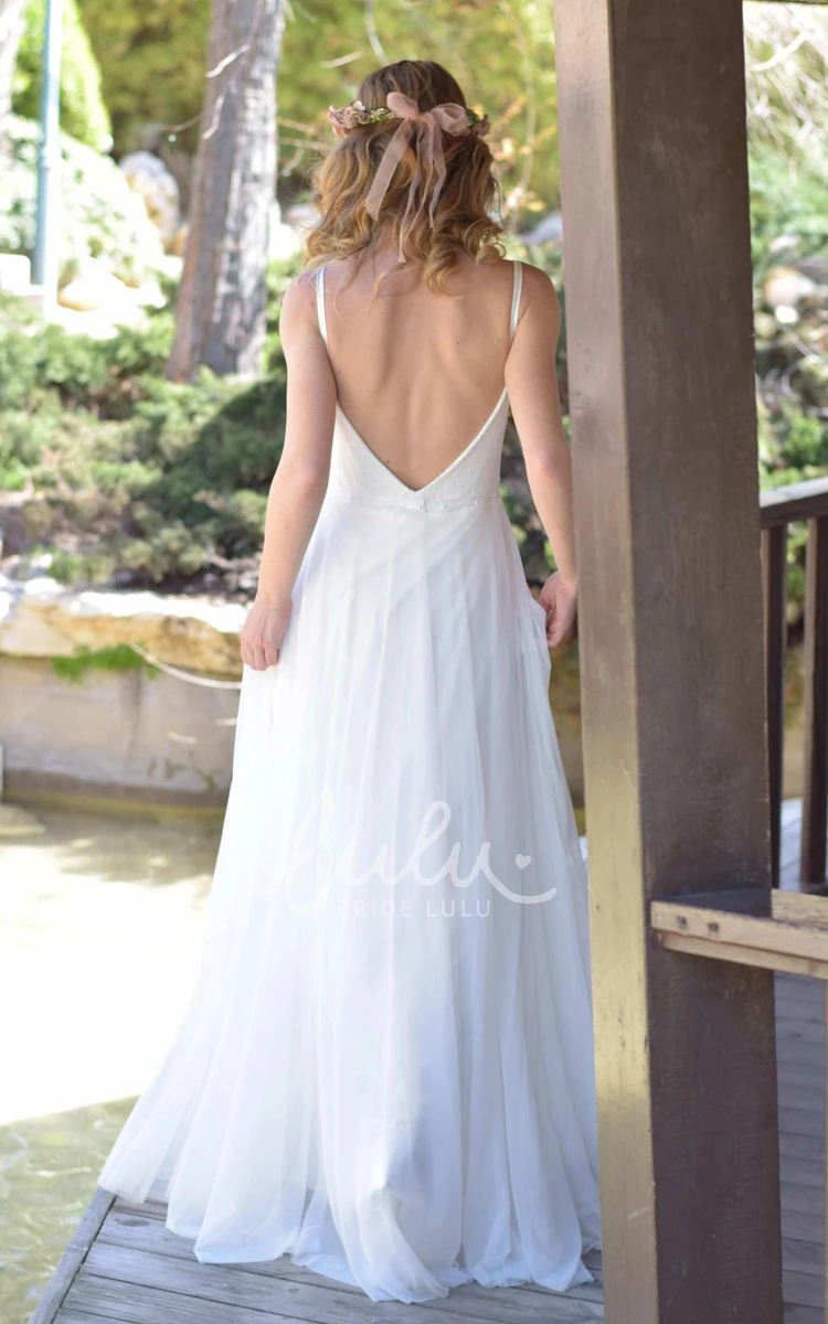 Backless Chiffon Wedding Dress with Spaghetti Straps Flowy Bridal Gown