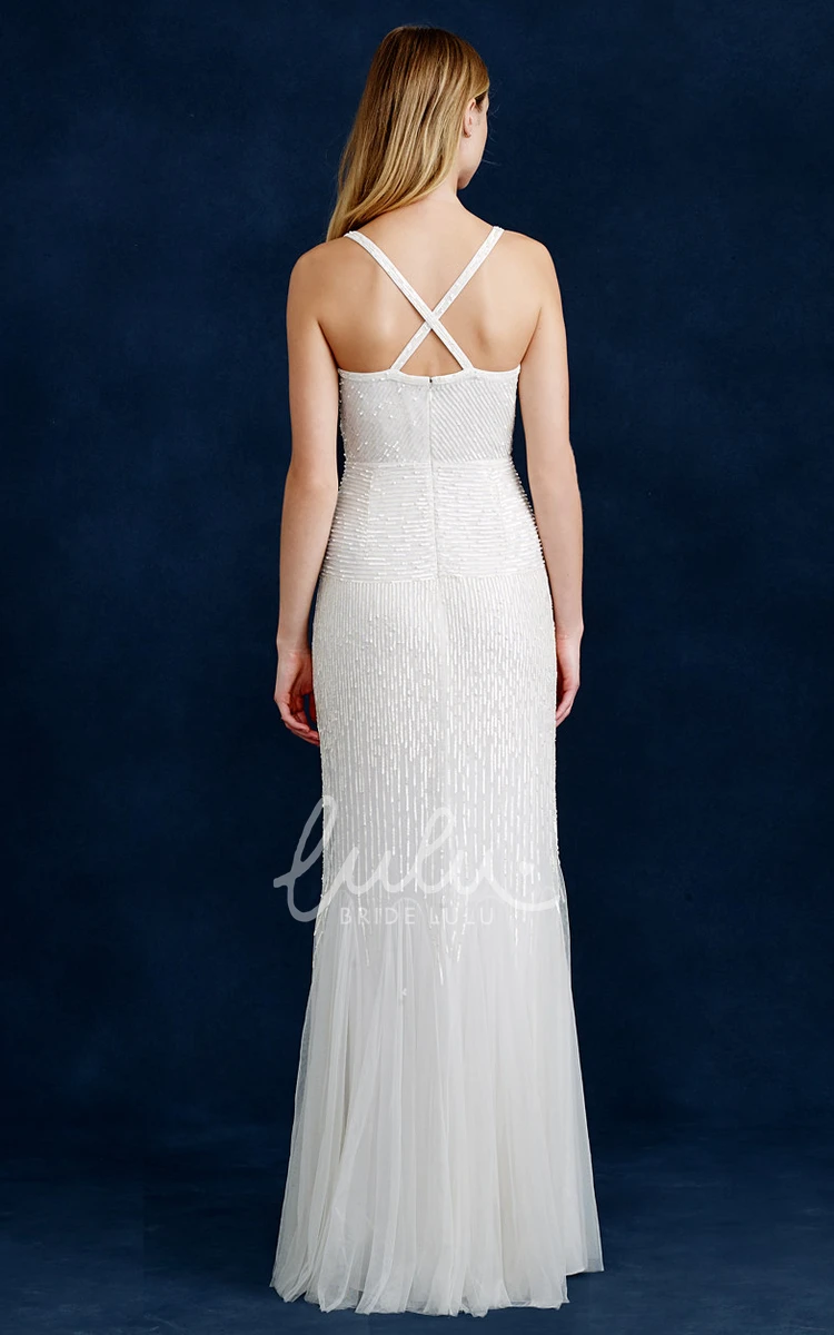 Tulle Beaded Sheath Wedding Dress with V-Neck Sleeveless Design and Tiers