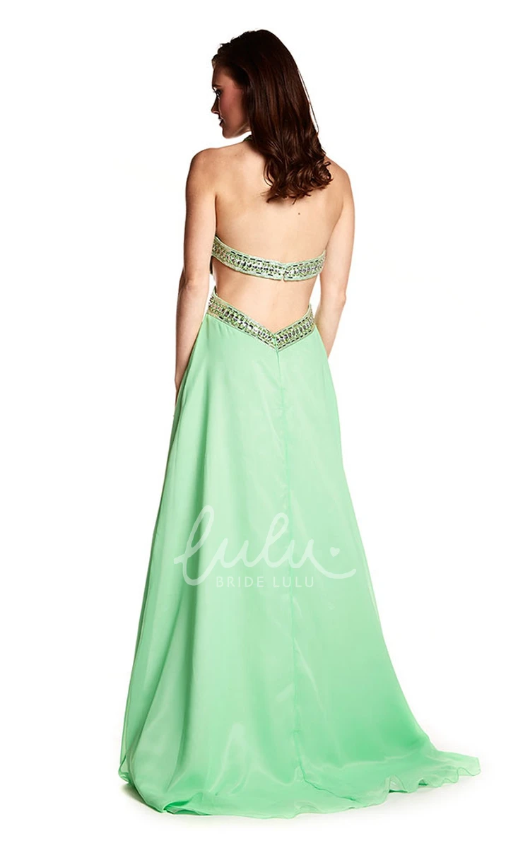 Halter Beaded Chiffon Prom Dress with Brush Train Sleeveless