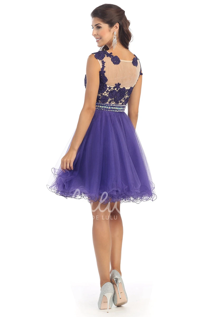 Sleeveless Tulle Illusion A-Line Dress with Appliques and Pleats