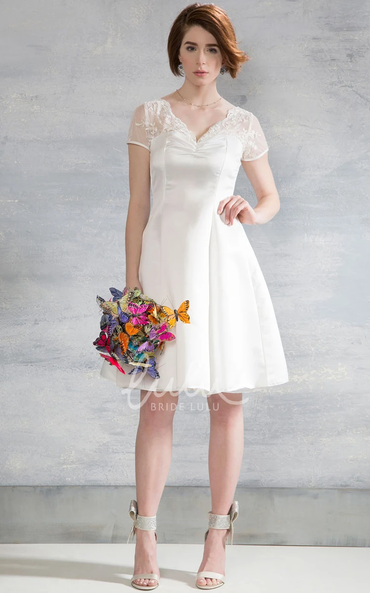 V-Neck Satin Cap-Sleeve Wedding Dress with Appliques and Illusion Classy Bridal Gown