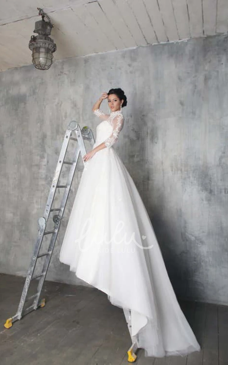 Illusion Tulle Ball Gown Wedding Dress with 3/4 Sleeves and Appliques