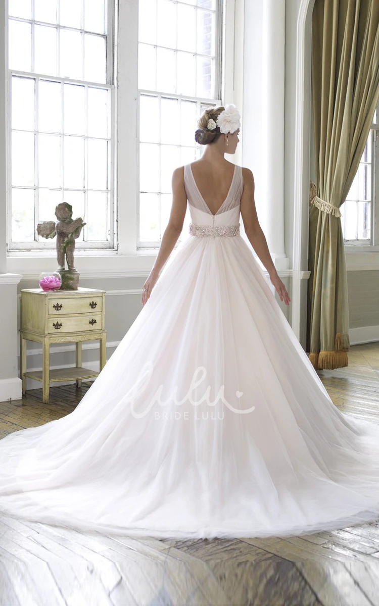 Floral Tulle V-Neck Wedding Dress with Court Train Elegant Maxi Bridal Gown