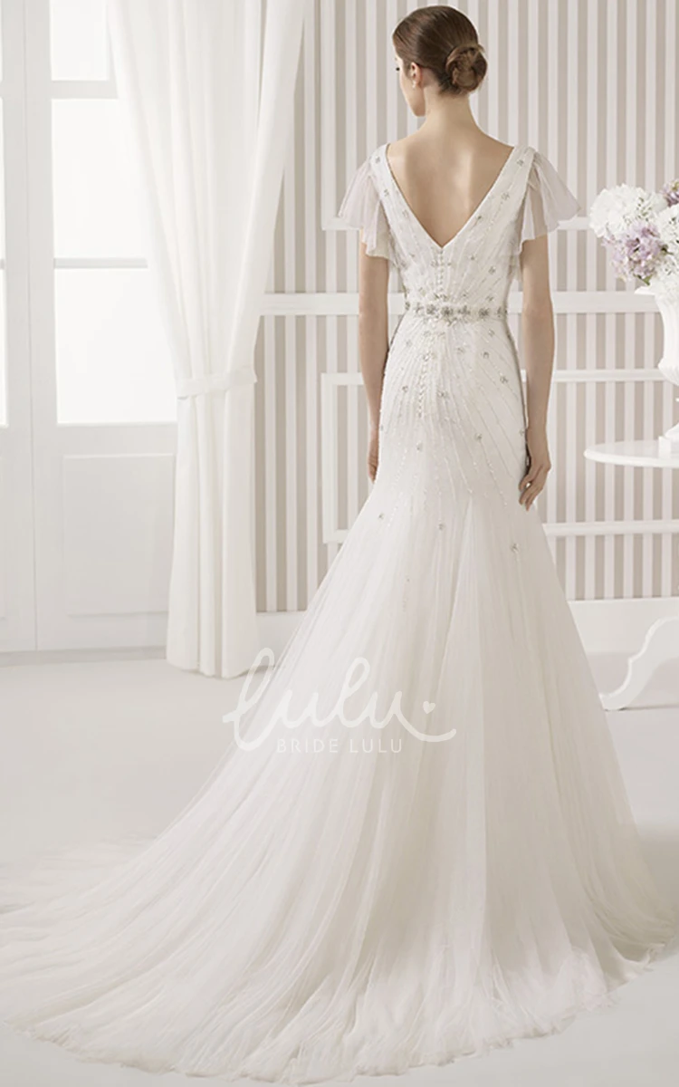 Beaded Sheath Wedding Dress with Poet Short Sleeves and Low-V Back