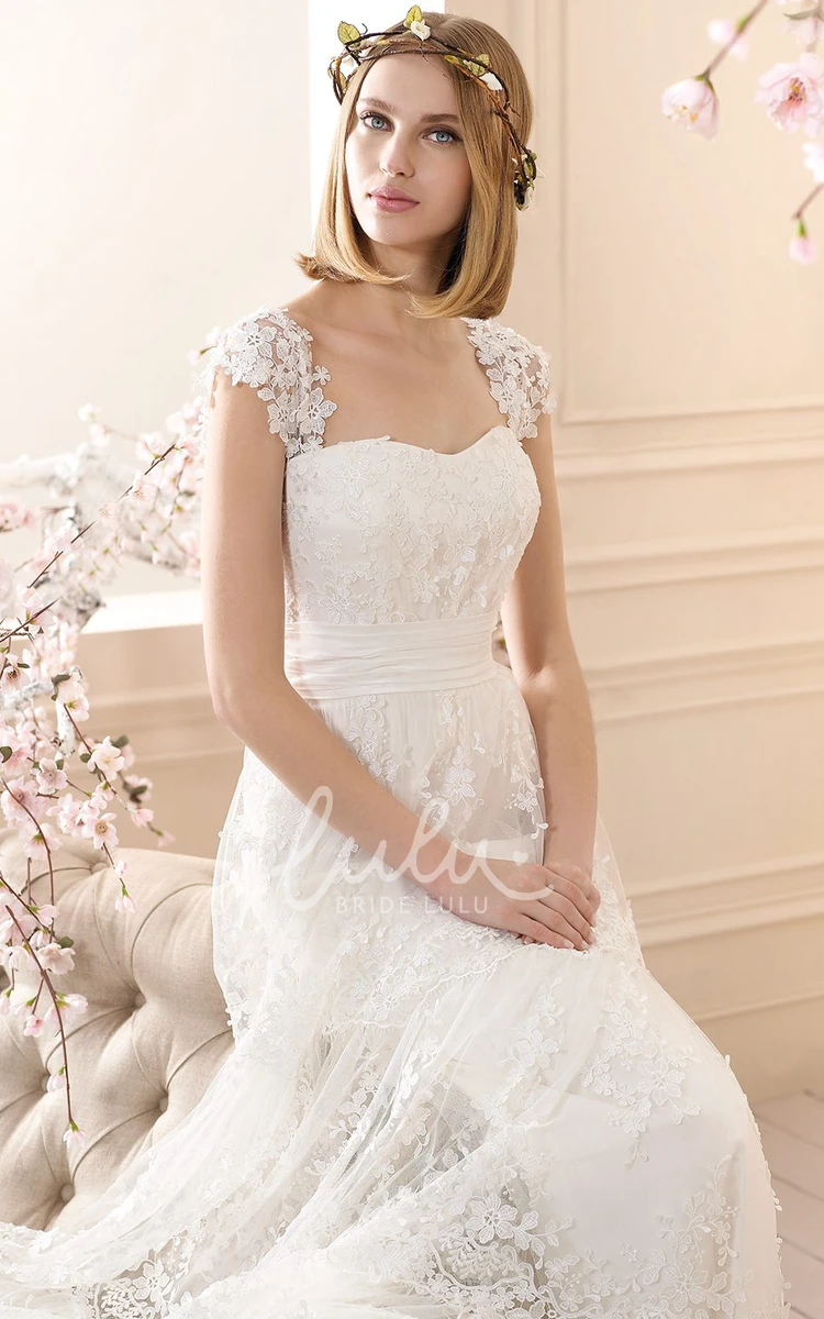 Cap-Sleeve Lace Sheath Wedding Dress With Pleats and Floor-Length
