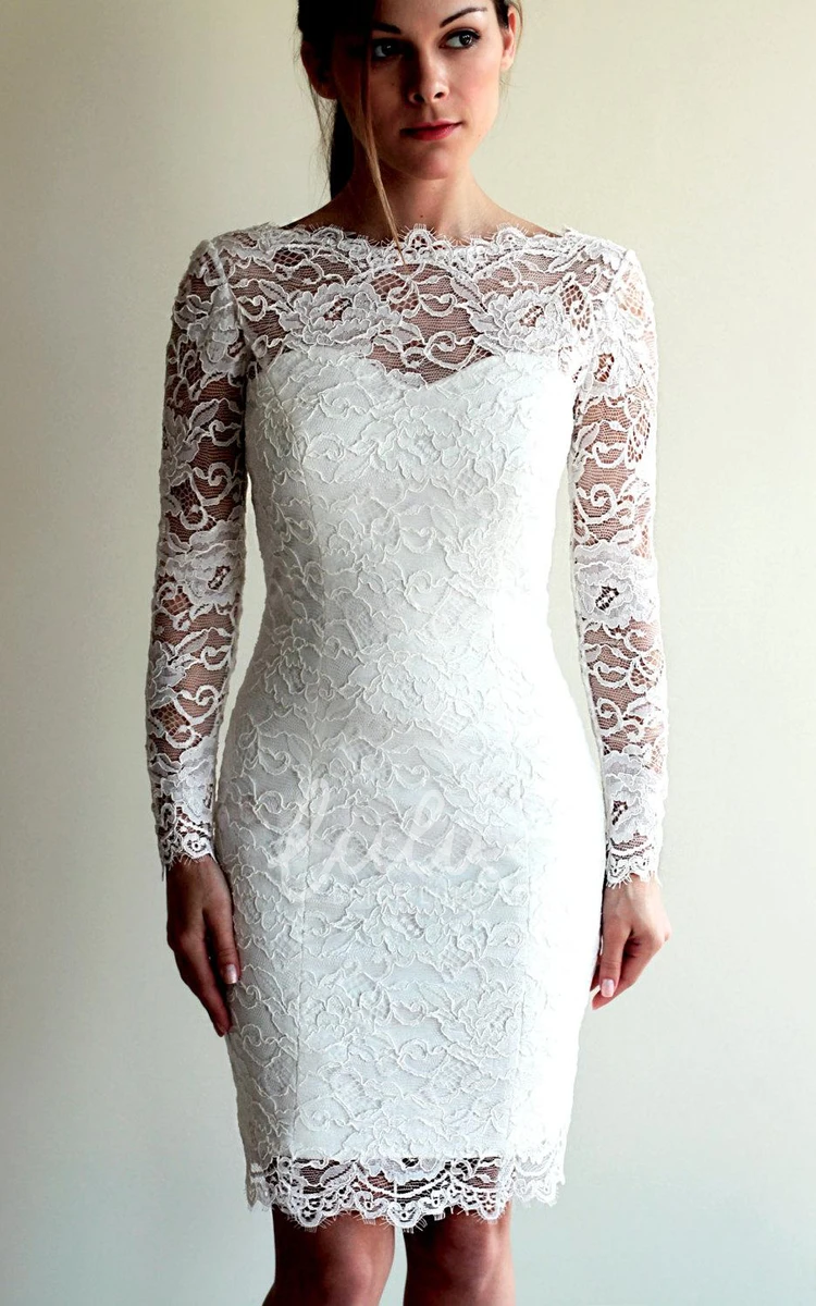 Long Sleeve Illusion Neckline Lace Wedding Dress with V Back