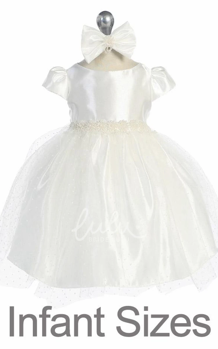 Beaded Tulle&Satin Flower Girl Dress Cap-Sleeve Tea-Length