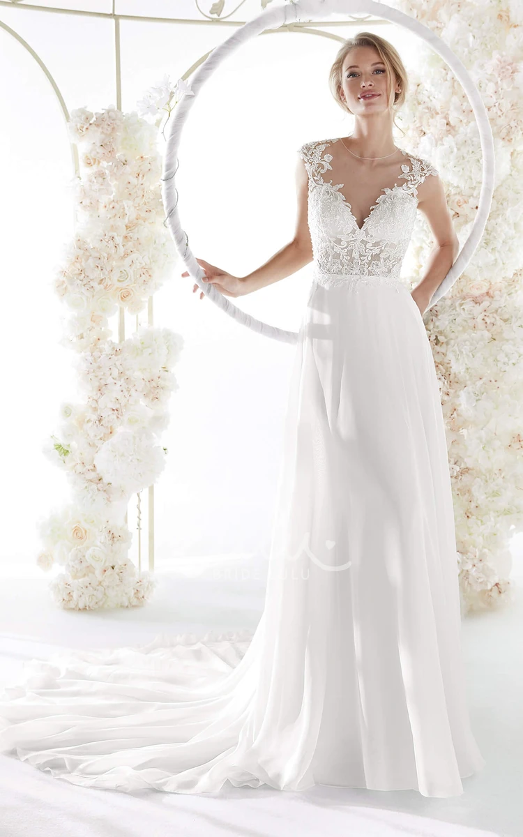 Elegant Cap Sleeve Lace Chiffon Wedding Dress with Illusion Neckline and Keyhole Back