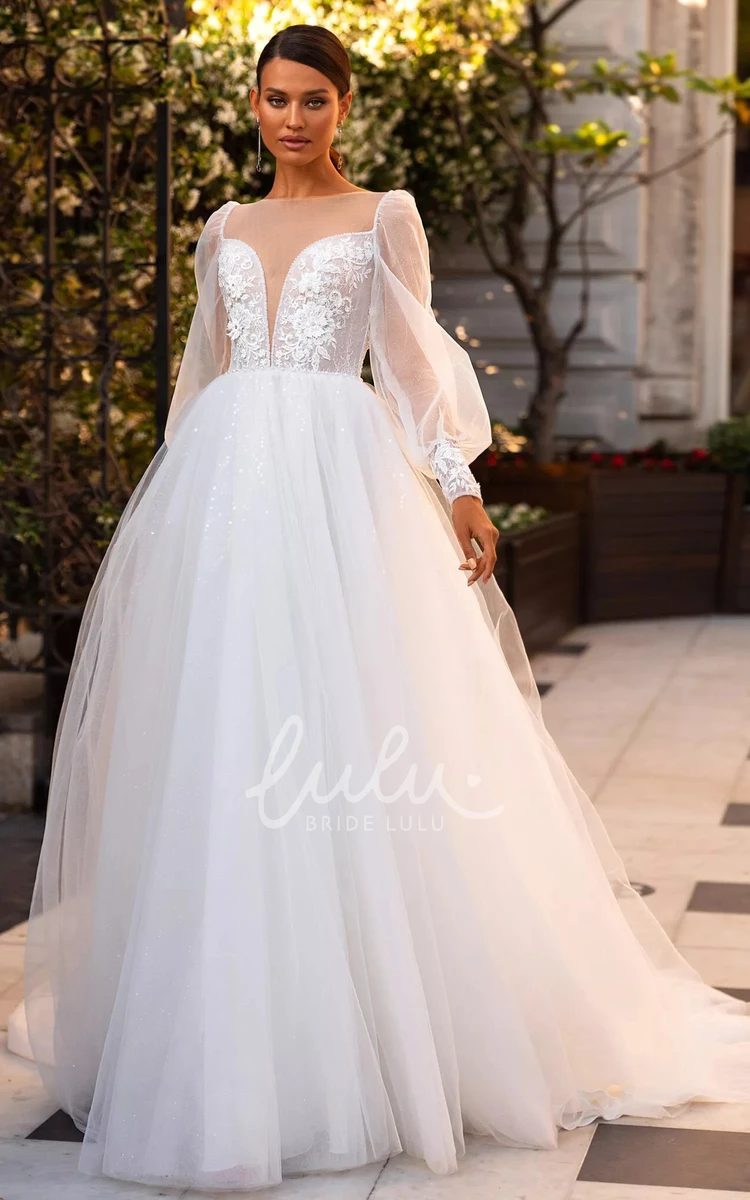 Casual Lace Ball Gown Wedding Dress with Brush Train & Plunging Neckline